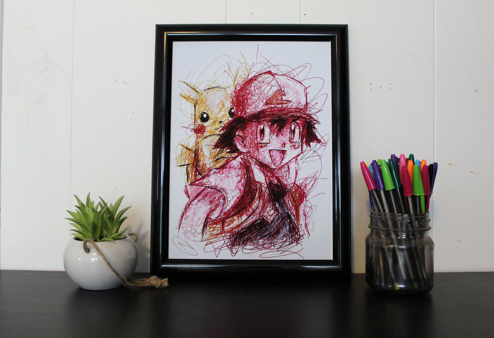 Ash Ketchum and Pikachu Ballpoint Pen Scribble Art Print-Cody James by Cody