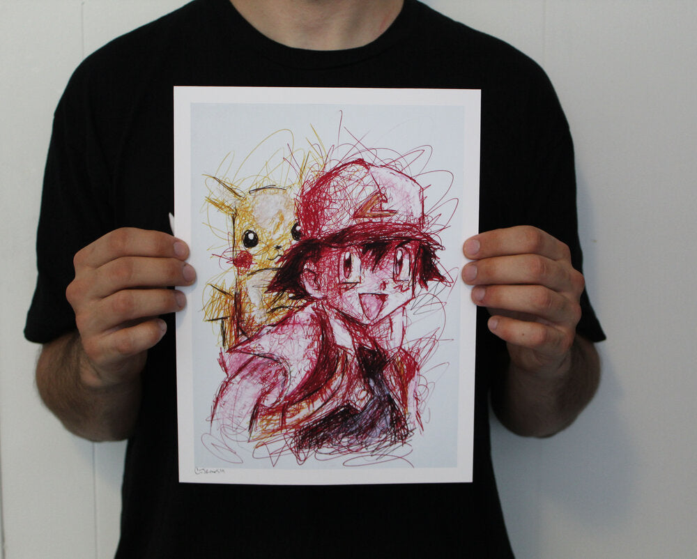 Ash Ketchum and Pikachu Ballpoint Pen Scribble Art Print-Cody James by Cody