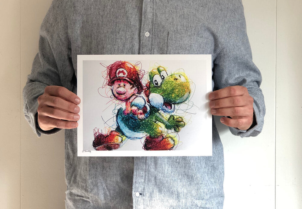 Baby Mario and Yoshi Ballpoint Pen Scribble Art Print-Cody James by Cody