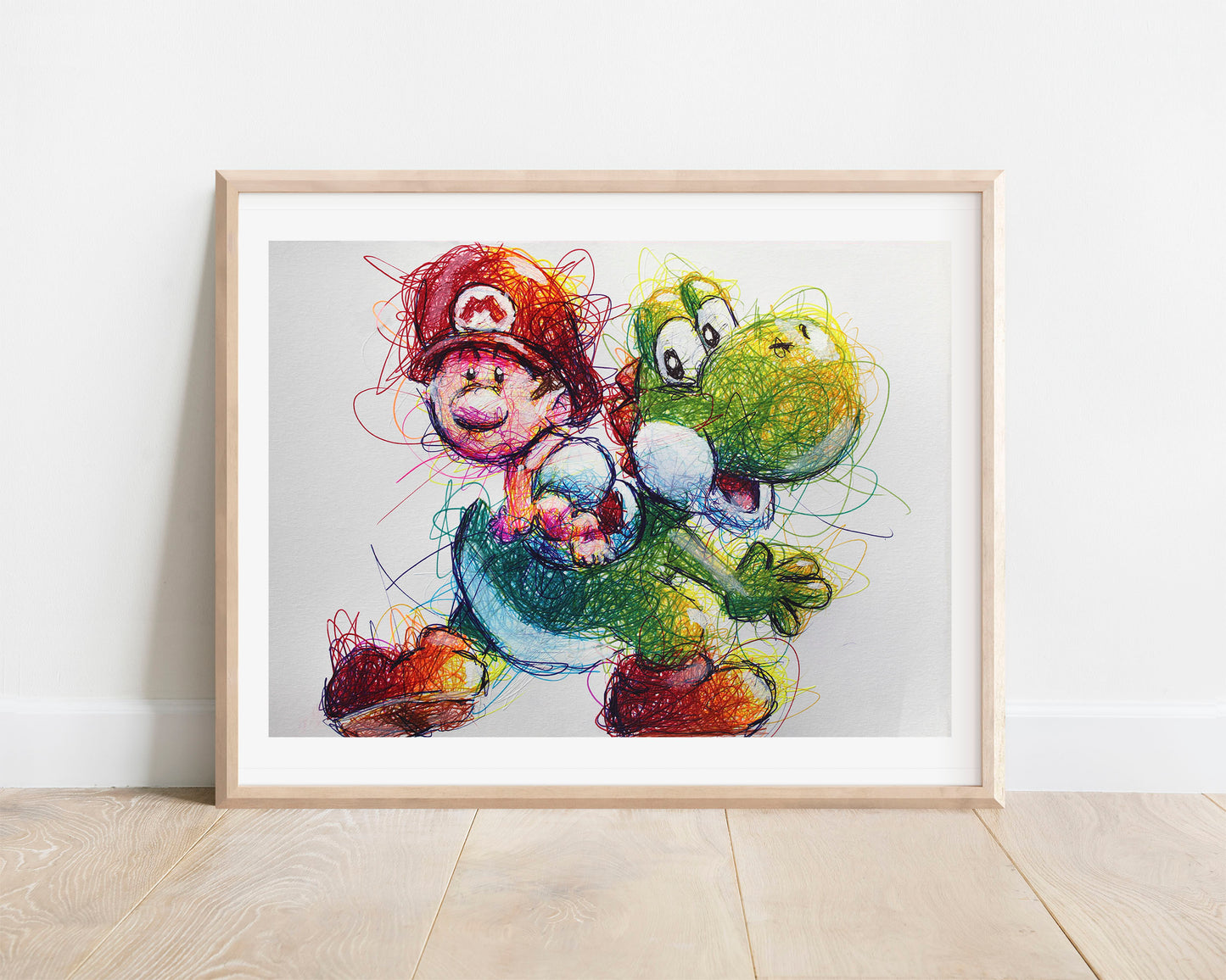 Baby Mario and Yoshi Ballpoint Pen Scribble Art Print