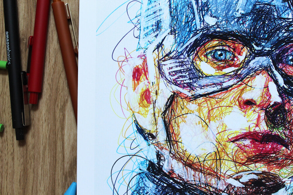 Captain America Color Ballpoint Pen Scribble Art Print-Cody James by Cody