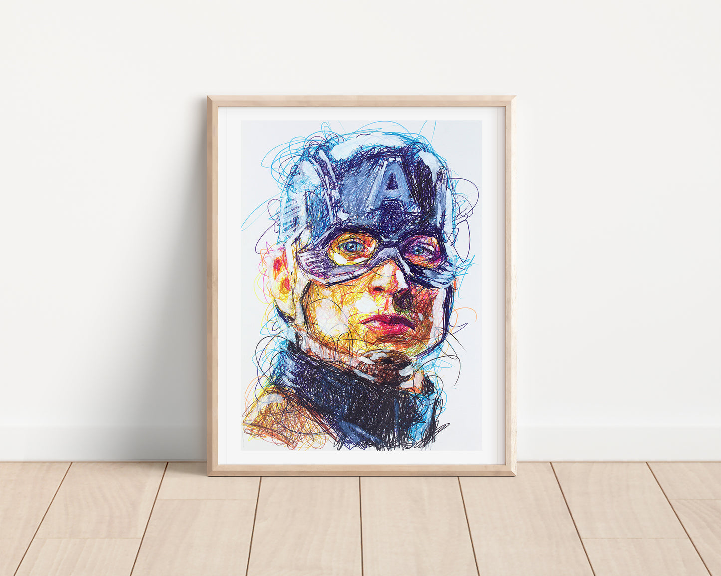 Captain America Color Ballpoint Pen Scribble Art Print