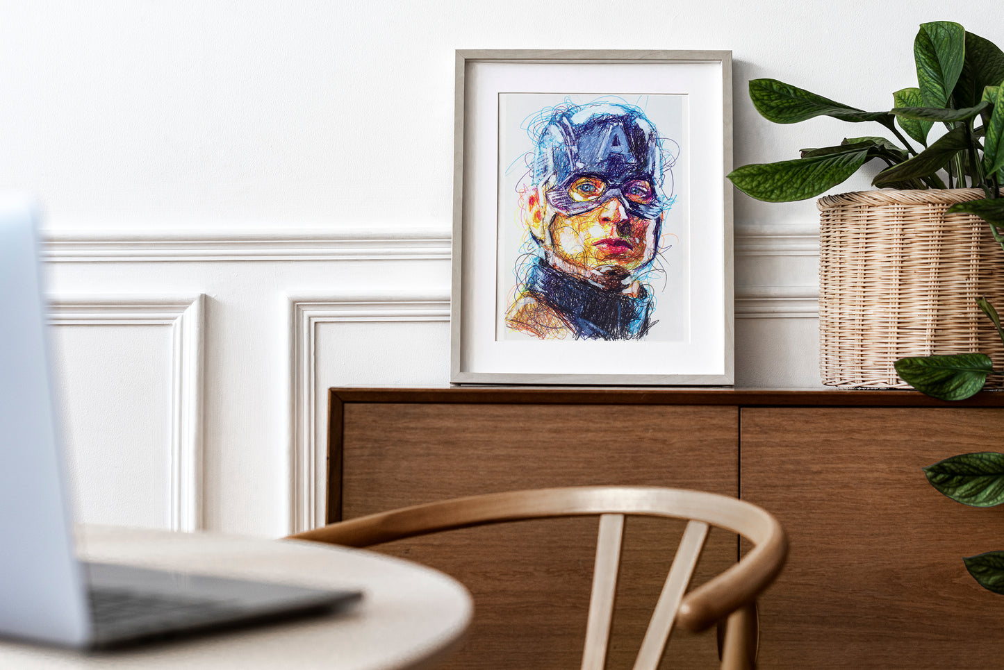 Captain America Color Ballpoint Pen Scribble Art Print