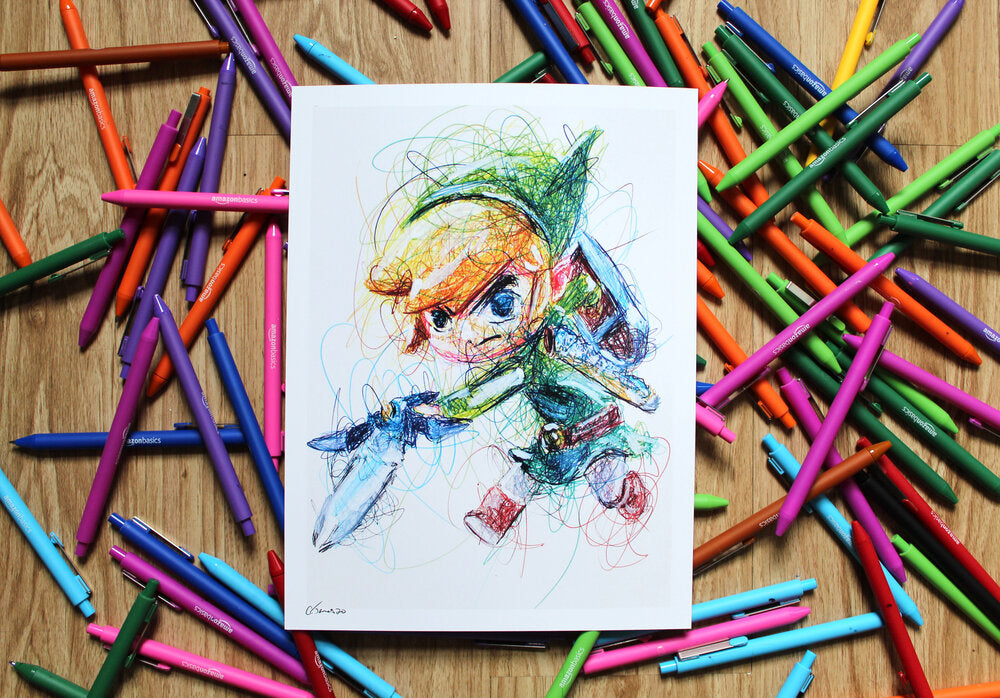Cartoon Link Ballpoint Pen Scribble Art Print-Cody James by Cody