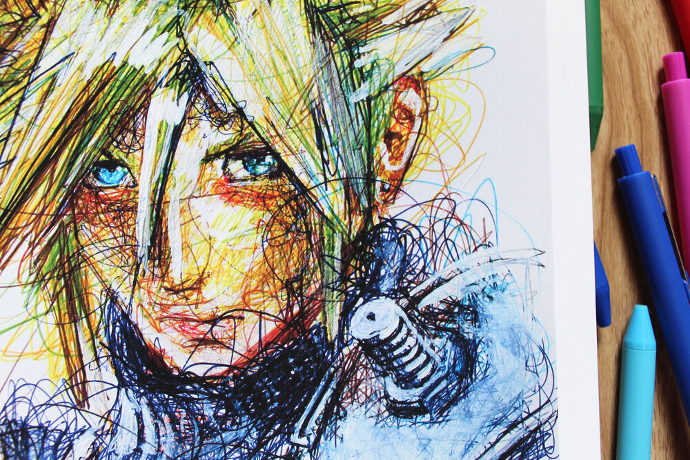 Cloud Strife Ballpoint Pen Scribble Art Print-Cody James by Cody
