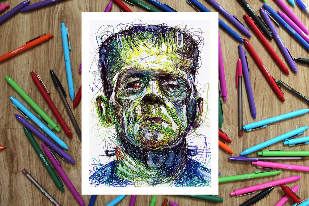 Frankenstein Ballpoint Pen Scribble Art Print-Cody James by Cody