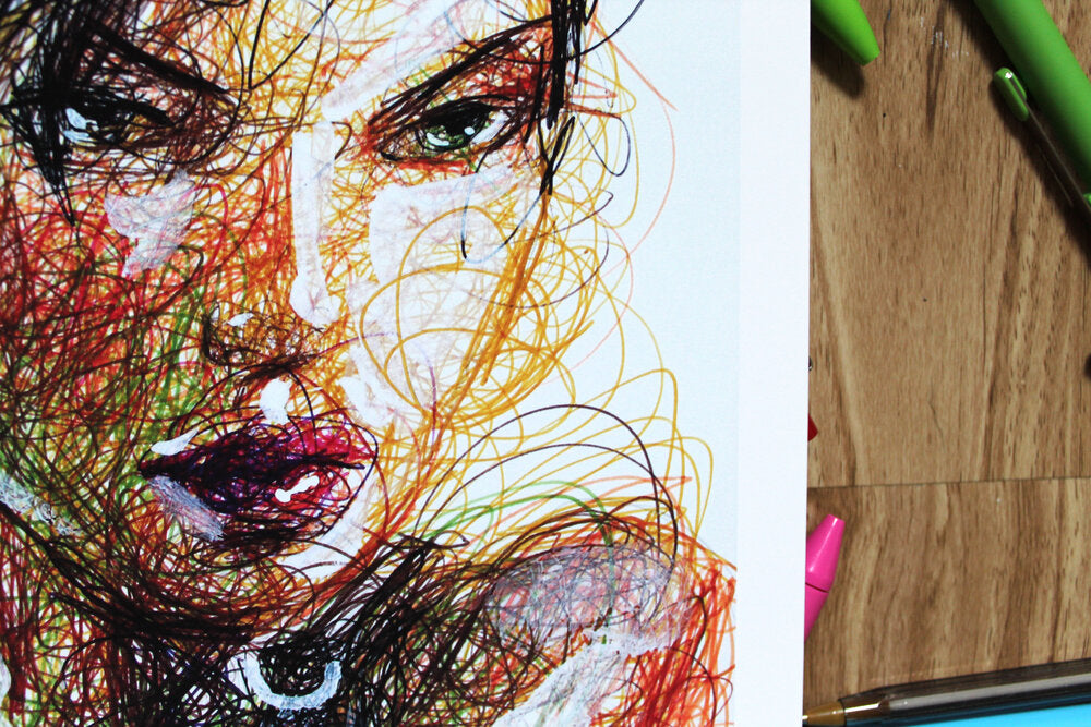 Lara Croft Ballpoint Pen Scribble Art Print-Cody James by Cody