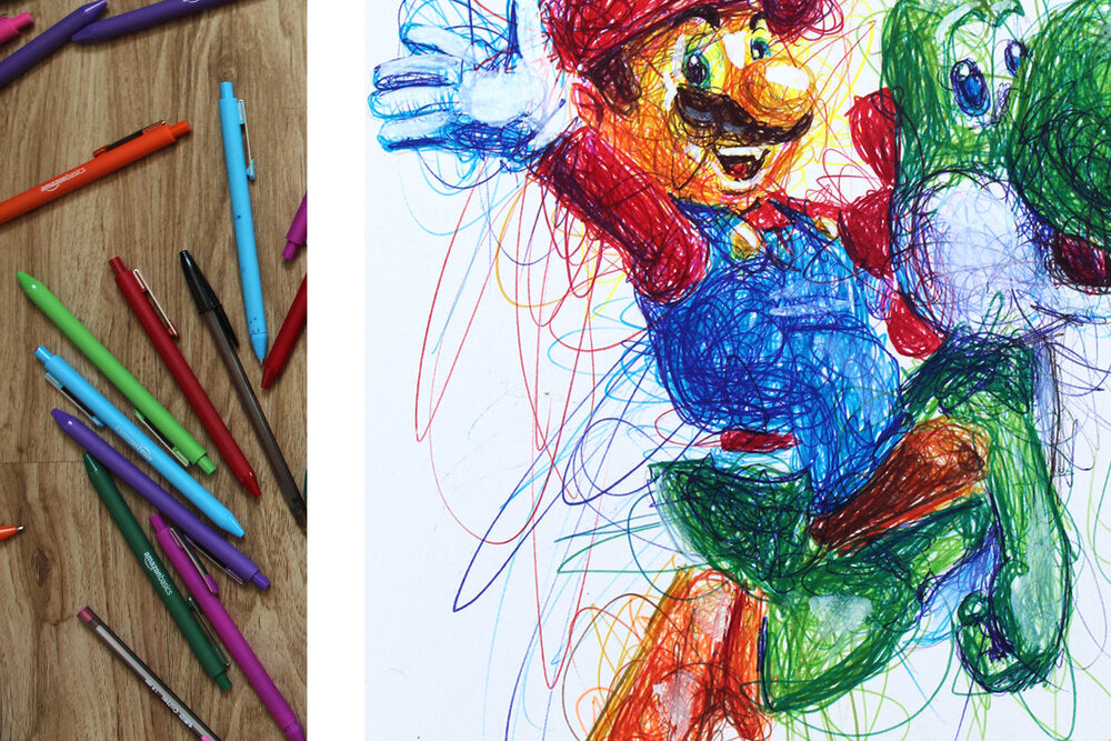 Mario Riding Yoshi Ballpoint Pen Scribble Art Print-Cody James by Cody
