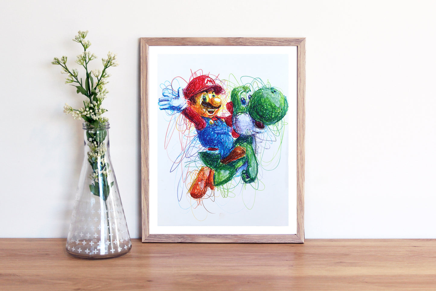 Mario Riding Yoshi Ballpoint Pen Scribble Art Print