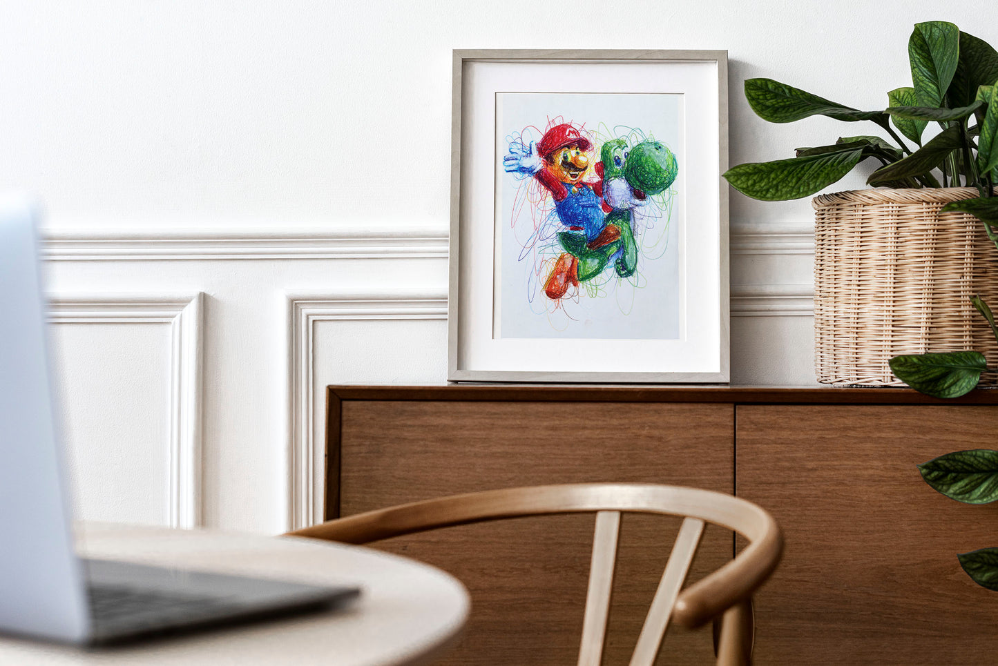 Mario Riding Yoshi Ballpoint Pen Scribble Art Print