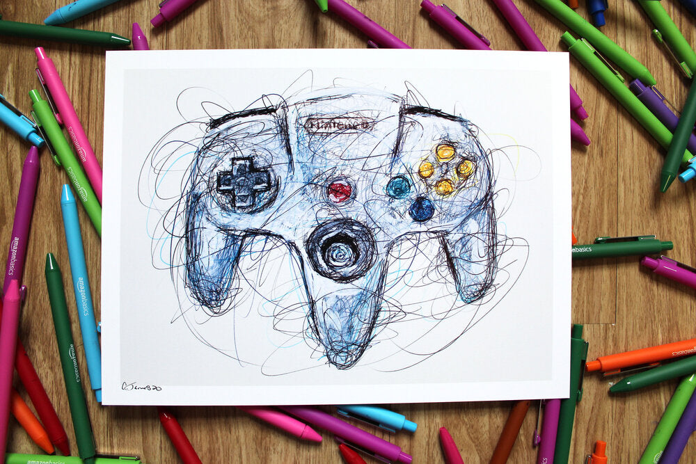 N64 Controller Ballpoint Pen Scribble Art Print-Cody James by Cody