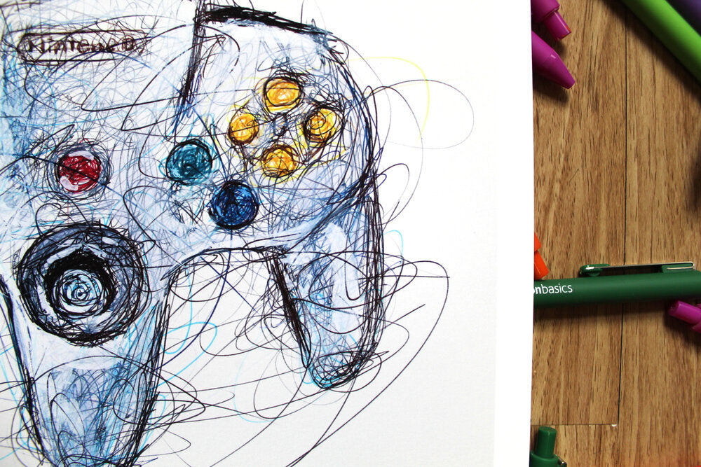 N64 Controller Ballpoint Pen Scribble Art Print-Cody James by Cody