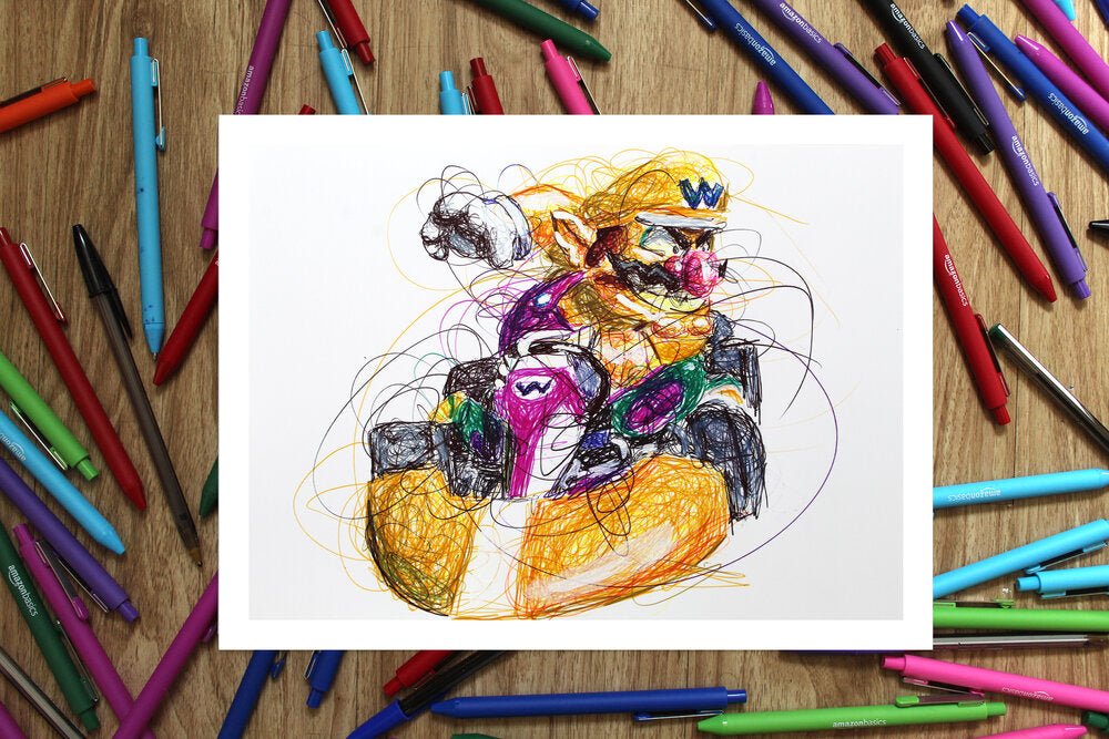 Wario Kart Ballpoint Pen Scribble Art Print-Cody James by Cody