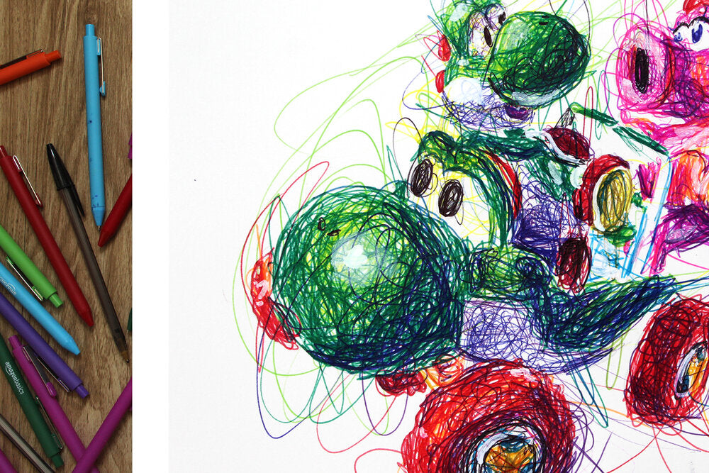Yoshi and Birdo Kart Ballpoint Pen Scribble Art Print-Cody James by Cody