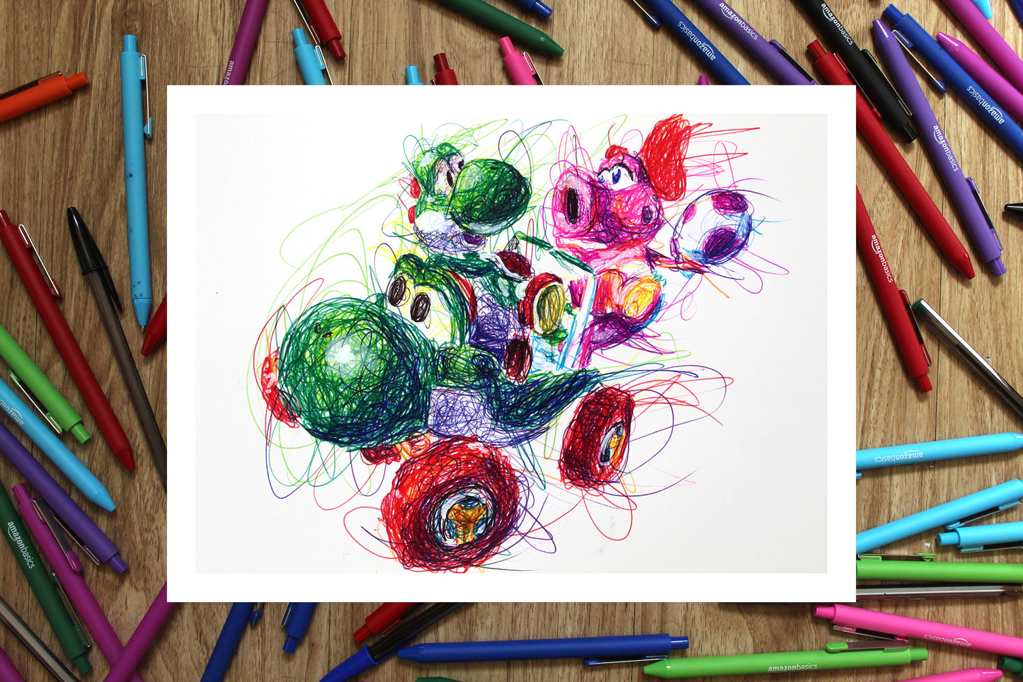 Yoshi and Birdo Kart Ballpoint Pen Scribble Art Print