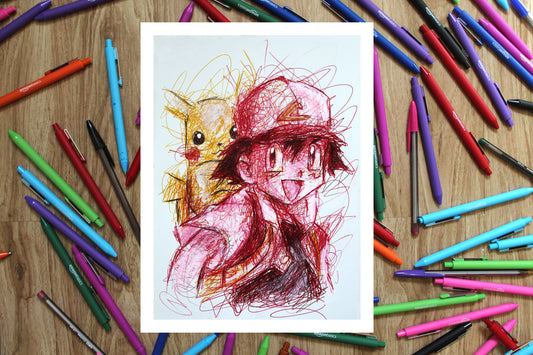 Ash Ketchum and Pikachu Ballpoint Pen Scribble Art Print