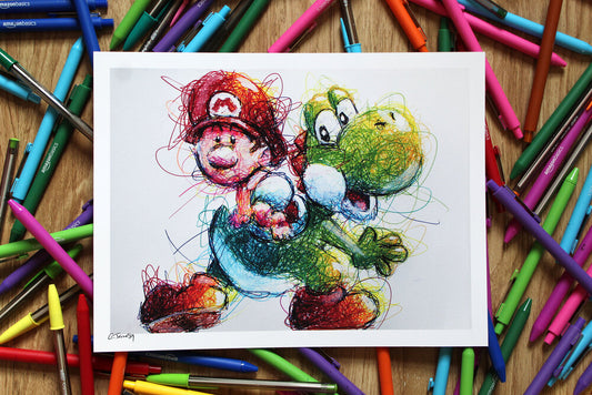 Baby Mario and Yoshi Ballpoint Pen Scribble Art Print-Cody James by Cody