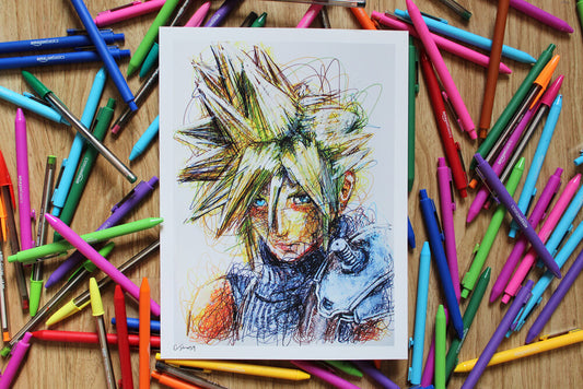 Cloud Strife Ballpoint Pen Scribble Art Print-Cody James by Cody