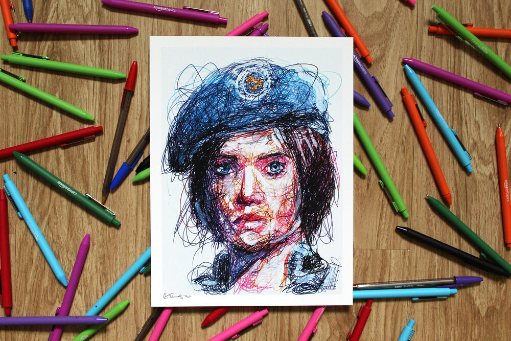 Jill Valentine Ballpoint Pen Scribble Art Print-Cody James by Cody