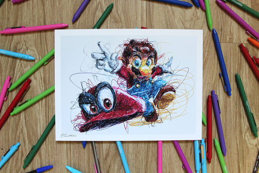 Mario Odyssey Ballpoint Pen Scribble Art Print-Cody James by Cody