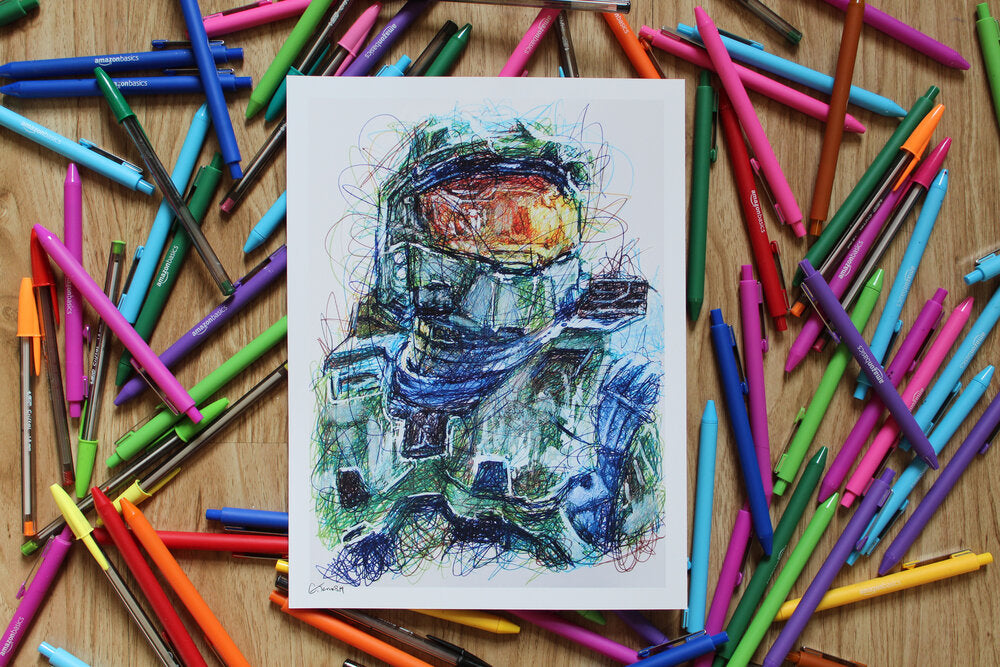 Master Chief Ballpoint Pen Scribble Art Print-Cody James by Cody