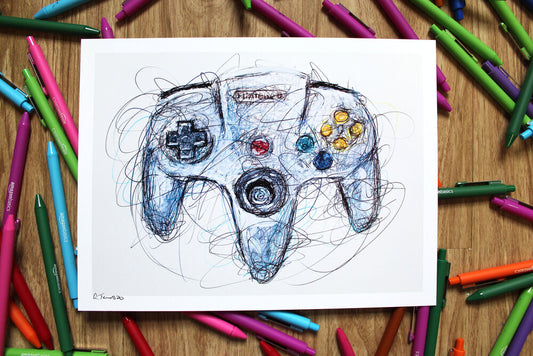 N64 Controller Ballpoint Pen Scribble Art Print-Cody James by Cody
