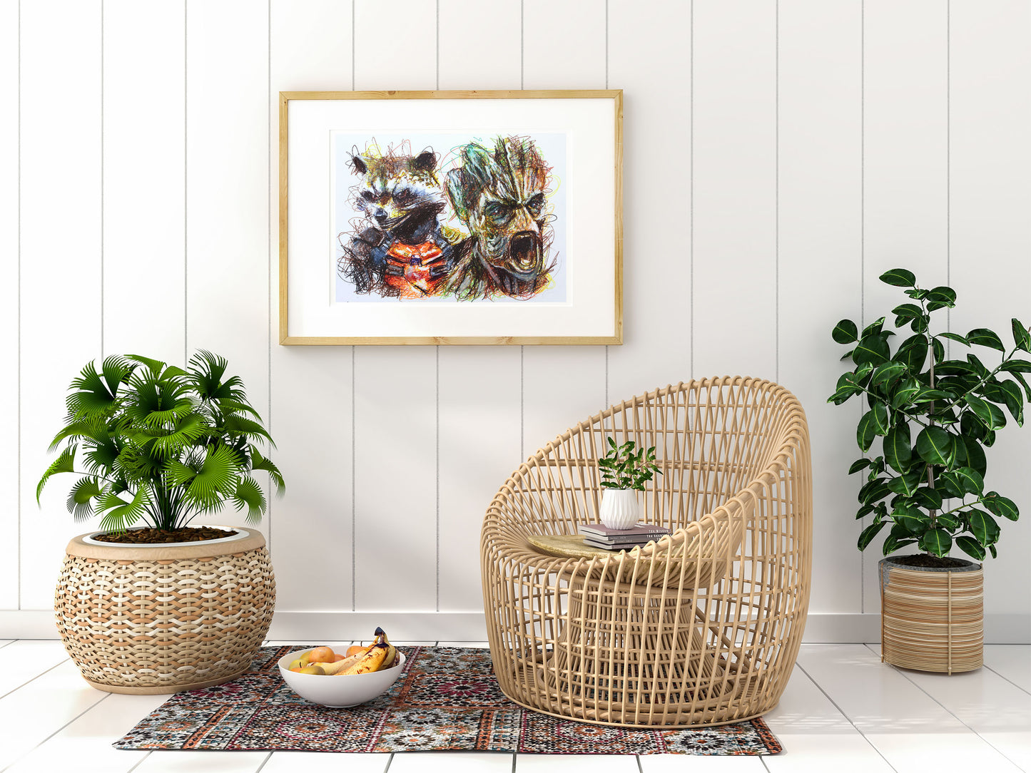 Rocket and Groot Ballpoint Pen Scribble Art Print